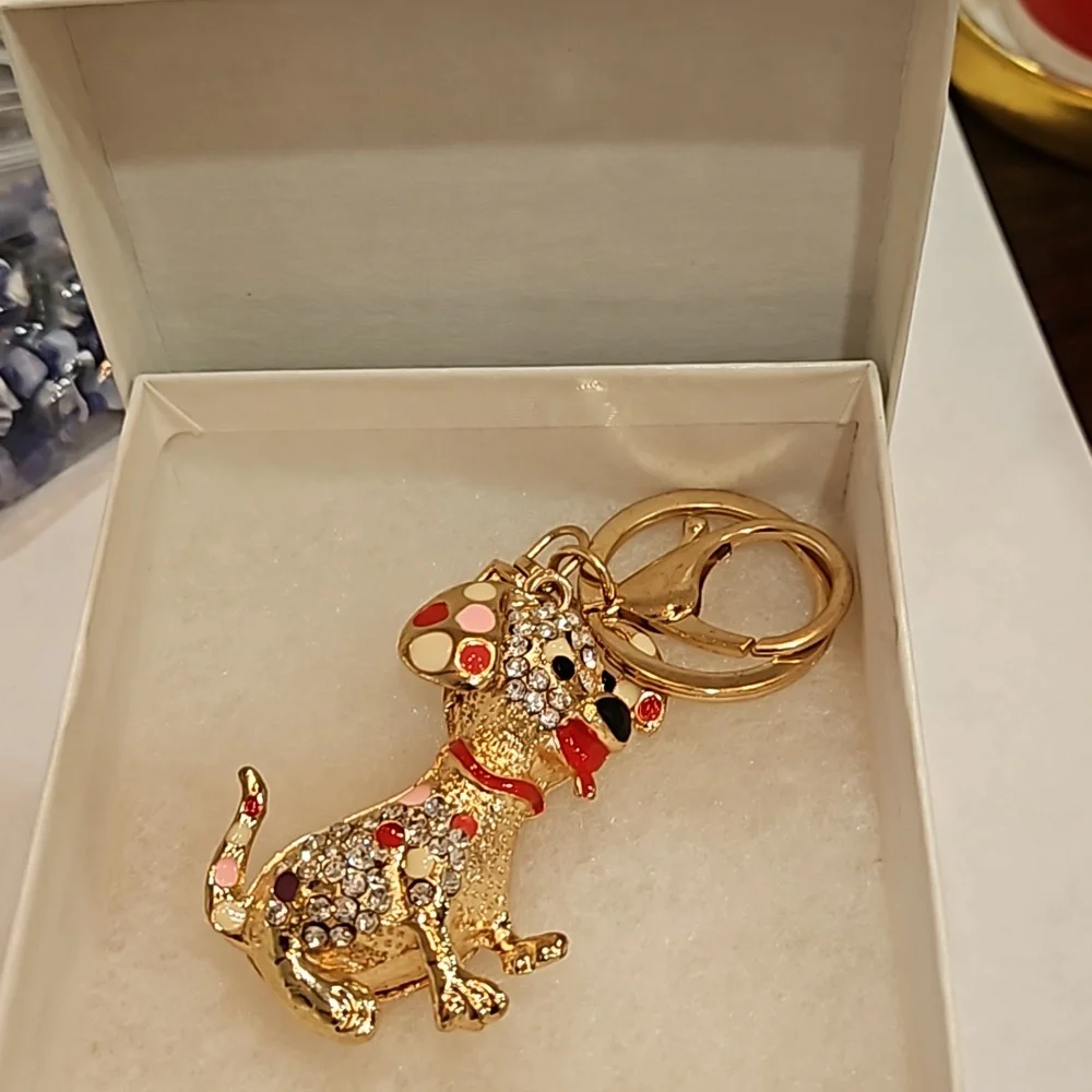 ROSEGOLD RED PINK YELLOW BLING DOG WITH RED TONQUE‎ PUPPY KEYCHAIN